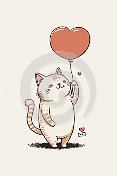 Fat cute cat with a heart-shaped balloon