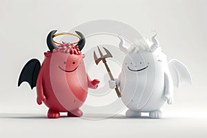 fat cute fluffy Angel with golden halo and devil demon with pitchfork cartoon character Generative AI