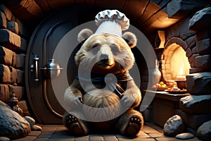 fat cute joyful bear in his fashionable modern den, modern bear den