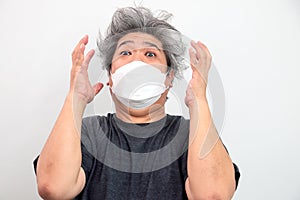 Fat elderly Asian men wearing masks He made a terrified expression.