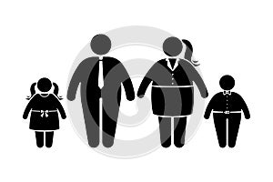 Fat family stick figure vector icon set. Obese people, children couple black and white flat style pictogram