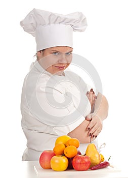 Fat female cook with fruits, series