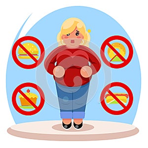 Fat female diet character health refusal junk food flat cartoon design vector illustration