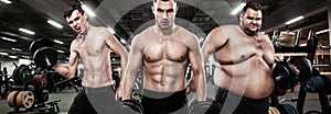 Fat, fit and athletic men. Ectomorph, mesomorph and endomorph. Sport concept. Before and after result. Group of three photo