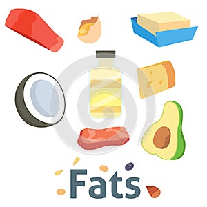 Fat food vector healthy diet oil avocado or fatty fish and nuts with natural omega 3 illustration set isolated on white