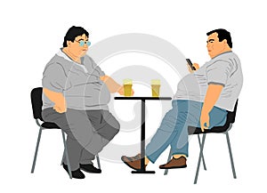 Fat friends sitting and drinking beer in pub vector isolated. Big boys talking and enjoy in drink. Overweight person trouble.