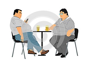 Fat friends sitting and drinking beer in pub vector isolated. Big boys talking and enjoy in drink. Overweight person trouble.