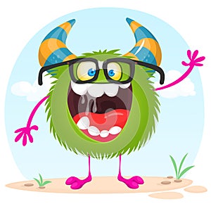 Fat and funny cartoon monster wearing eyeglase