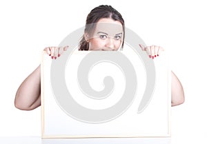 Fat girl with blank sign, billboard