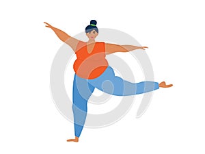 Fat girl doing yoga, standing on one leg