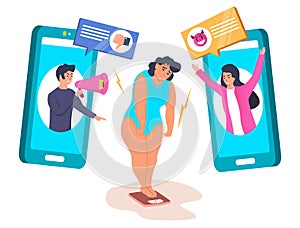 Fat girl experiencing body shaming on social media, flat vector illustration.