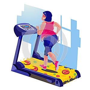 Fat girl running on tradmill of pizza. weightloss concept- vector