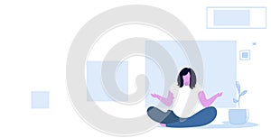 Fat girl sitting lotus pose on floor obese over weight woman keeping calm yoga meditation concept sketch full length