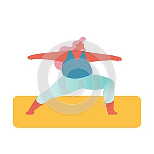 Fat Girl in Sports Wear Engage Fitness or Yoga Activity Isolated on White Background. Overweight Woman Healthy Sport