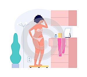 Fat girl weighed. Overweight, upset woman on scales in room.Flat female character need diet vector illustration