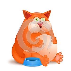 Fat glutton ginger cat with empty bowl on white background