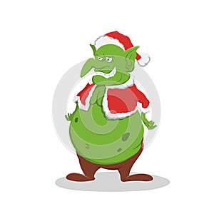 Fat goblin in christmas hat. Green troll in cartoon style. Fantasy monster in santa cotume. Standing gremlin