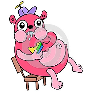 A fat greedy squirrel was eating the bread voraciously. doodle icon image kawaii