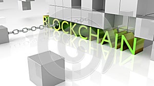 Fat green metallic letters showing the word blockchain surrounded by grey reflecting cubes