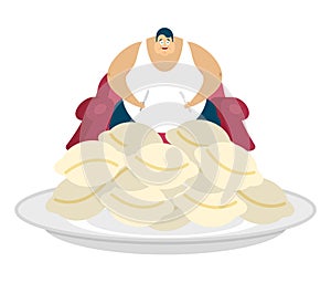 Fat guy is sitting on chair and dumplings. Glutton Thick man and