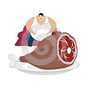 Fat guy is sitting on chair and pork. Glutton Thick man and meat