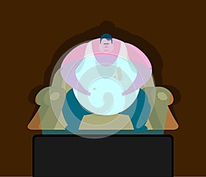 Fat guy is sitting on chair and TV. Glutton Thick man and televisor. vector illustration