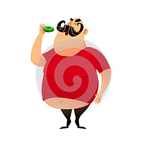 Fat guy takes a bite of a donut. Funny cartoon obesity man in a T-shirt with a naked belly. Puffy mustachioed big happy