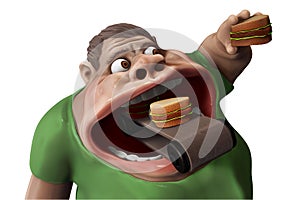 Fat hungry man eating hamburgers 3d illustration