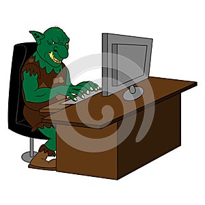 Fat internet troll using a computer