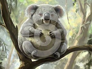 Fat koala sitting on a sturdy branch