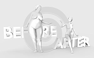 Fat lady and slim diet women. Unhealthy and healthy lifestyle people on light grey background. Lettering Before and After