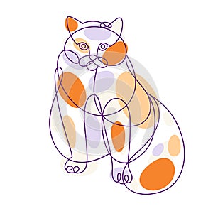 Fat and lazy cat line art vector illustration, linear drawing of pussycat relaxing.