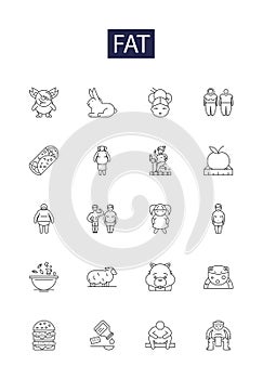 Fat line vector icons and signs. Grease, Spare, Hefty, Plump, Lard, Chub, Cushion, Thick outline vector illustration set