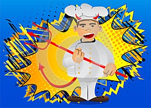 Chef in uniform devil with pitchfork.