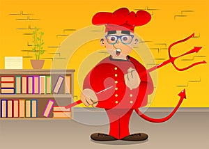 Chef in uniform devil with pitchfork.