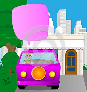 Fat male cartoon chef in uniform driving a van