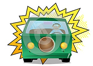 Fat male cartoon chef in uniform driving a van