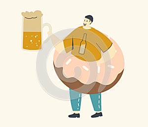 Fat Male Character with Huge Donut on Belly Holding Beer Mug. Unhealthy Eating, Obesity Concept. Man Eating Fast Food