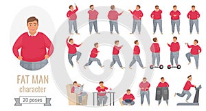 Fat man action poses set, cartoon body positive male character wearing red sweater and gray pants