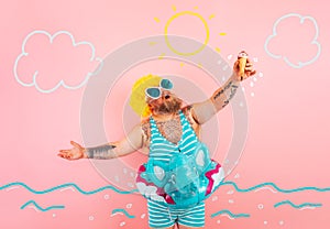 Fat man with beard and life buoy for children eats an icecream