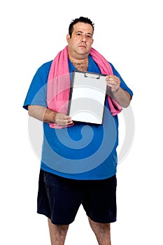 Fat man with a blank paper