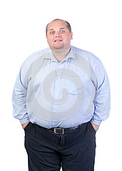 Fat Man in a Blue Shirt, Contorts Antics