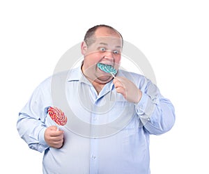 Fat Man in a Blue Shirt, Eating a Lollipop