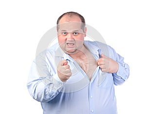 Fat Man in a Blue Shirt, Showing Obscene Gestures photo