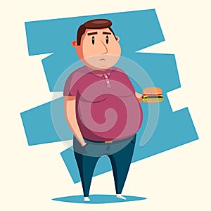 Fat man with burger. Cartoon vector illustration.