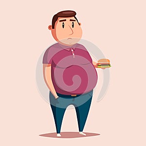 Fat man with burger. Cartoon vector illustration.