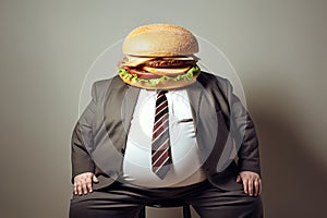 Fat man with burger head wearing suit. Concept of fast food, unhealthy eating, appetite, surreal art, and humor