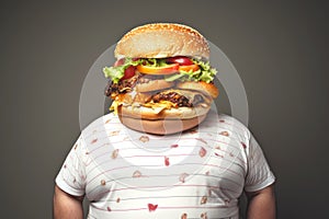 Fat man with burger head wearing a t-shirt. Concept of fast food, unhealthy eating, appetite, surreal art, and humor