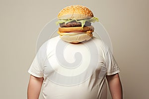 Fat man with burger head wearing a t-shirt. Concept of fast food, unhealthy eating, appetite, surreal art, and humor