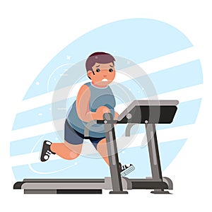 Fat man cardio running treadmill simulator fitness gym run exercise training lose weight concept flat design vector